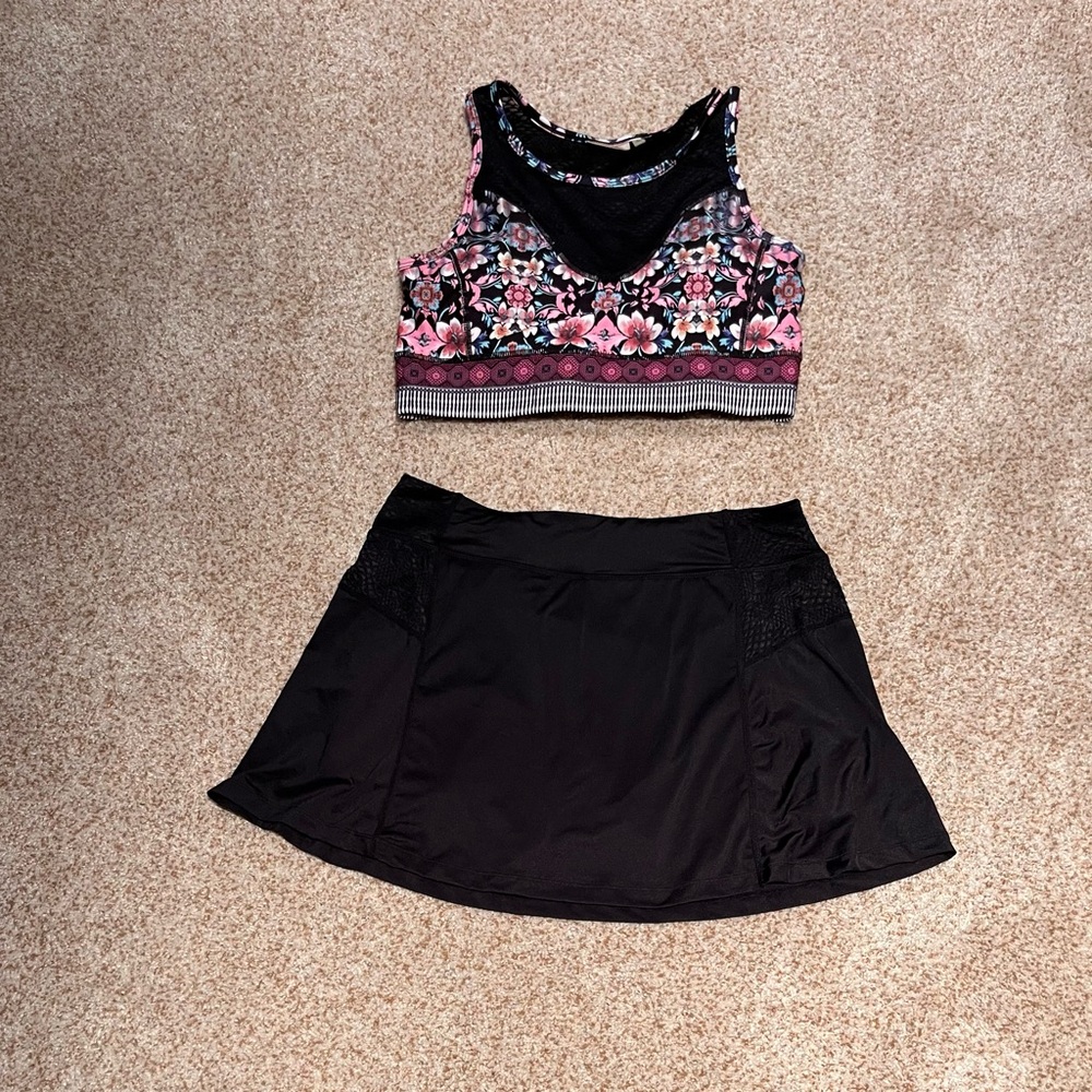 Floral Crop Top and Black (athletic) Skirt Set